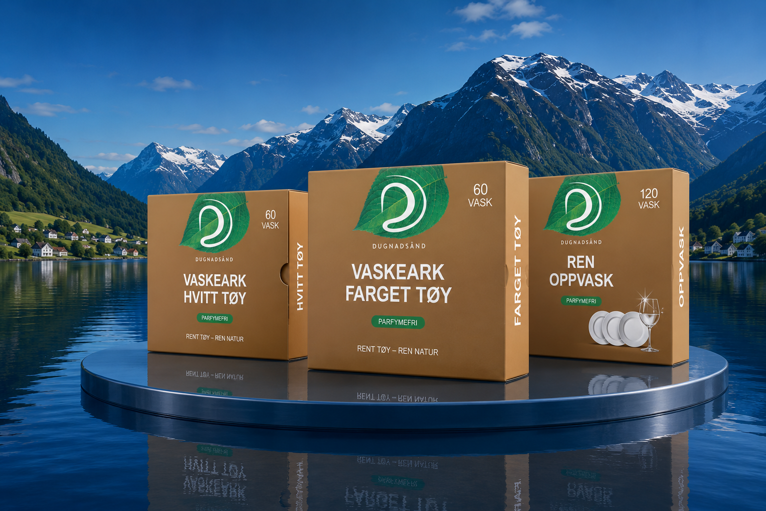 Dugnadsånd produkter – vaskeark og oppvask foran norsk fjordlandskap
